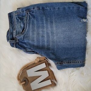 Cato medium wash factory distressed wide faux cuff denim capris